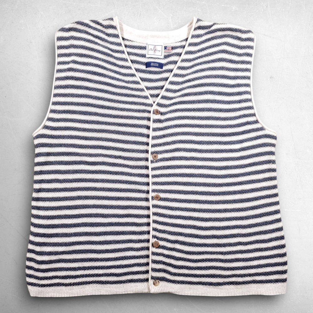 VTG Old Glory Striped Knit Button Up Vest Women M Blue White Vintage 90s Coastal